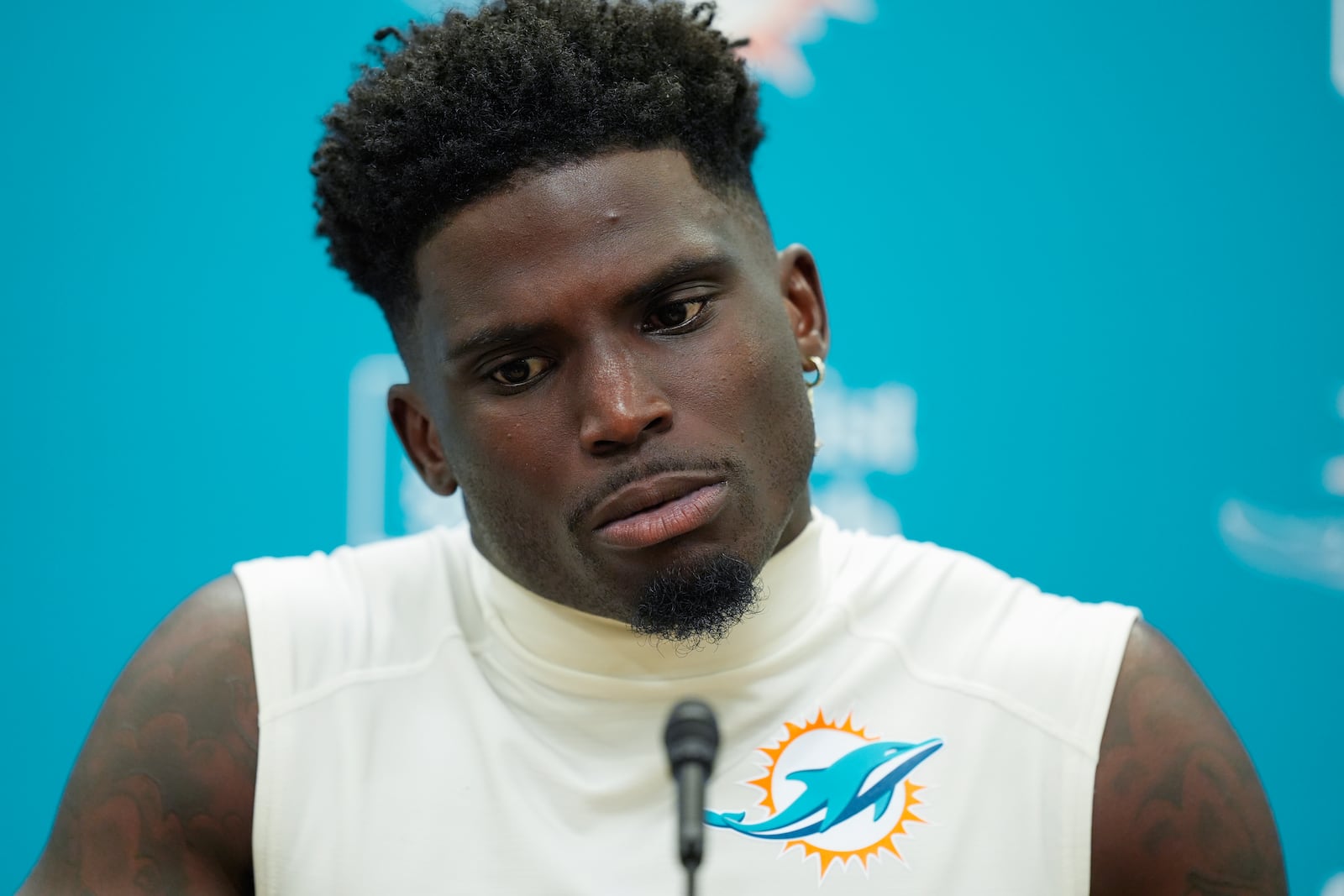 Miami Dolphins wide receiver Tyreek Hill speaks to journalists following a team practice, Wednesday, Sept. 11, 2024, in Miami Gardens, Fla. (AP Photo/Rebecca Blackwell)