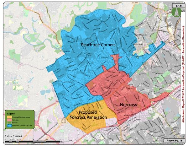 A new annexation plan proposed by Norcross officials would capture less than 1 square mile of land by Jimmy Carter Boulevard and Buford Highway. (Courtesy of City of Norcross)