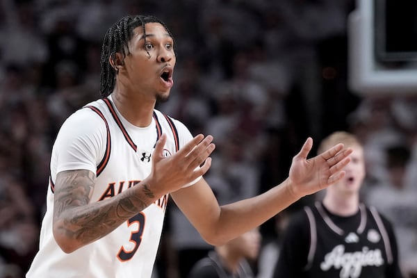 Auburn forward Jahki Howard (3)reacts after having a technical foul called on him during the second half of an NCAA college basketball game against Texas A&M on Tuesday, March 4, 2025, in College Station, Texas. (AP Photo/Sam Craft)