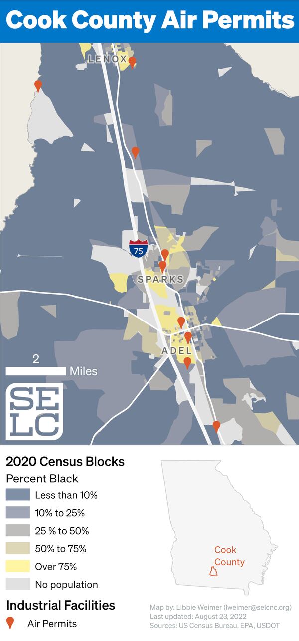 A map of Cook County shows the concentration of air permits in areas that are predominantly black. Image credit: Libbie Weimer, Southern Environmental Law Center.