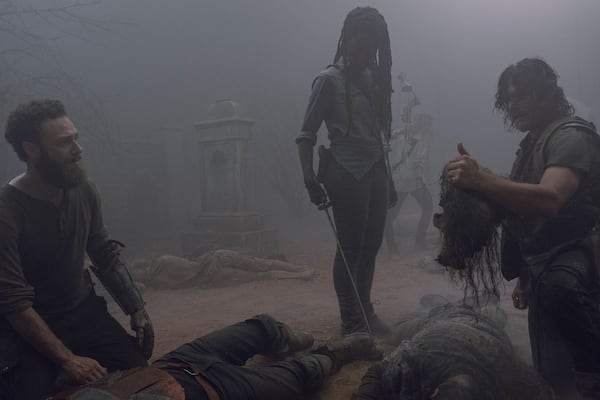 Norman Reedus as Daryl Dixon, Tom Payne as Paul 'Jesus' Rovia, Danai Gurira as Michonne, Ross Marquand as AaronÂ - The Walking Dead _ Season 9, Episode 8 - Photo Credit: Gene Page/AMC