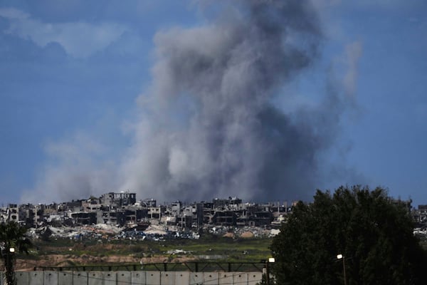 Smoke rises following an Israeli bombardment in the Gaza Strip, as seen from southern Israel, Wednesday, March 19, 2025. (AP Photo/Ariel Schalit)