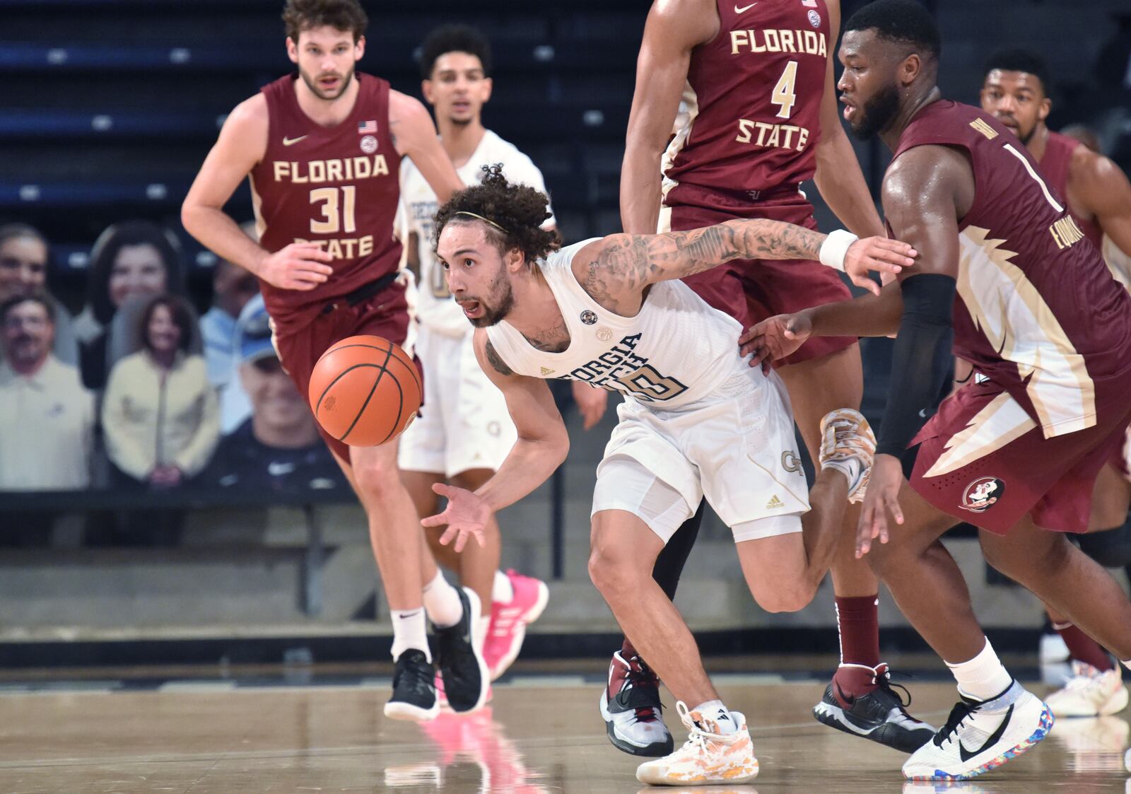 Georgia Tech's guard Jose Alvarado (10) drives the ball up court in the second against Florida State Saturday, Jan. 30, 2021, at McCamish Pavilion in Atlanta. Tech won 76-65. (Hyosub Shin / Hyosub.Shin@ajc.com)