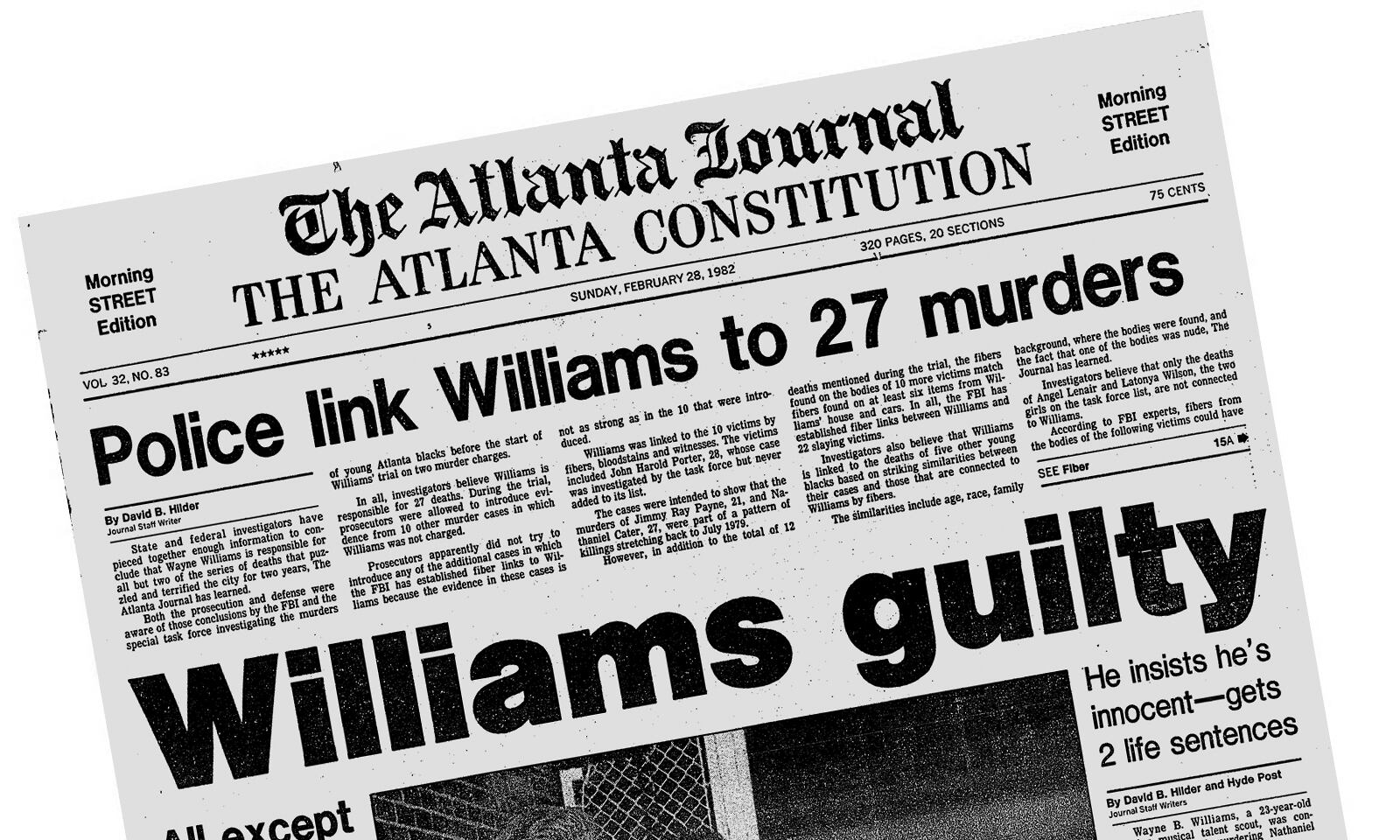 The Sunday, Feb. 28, 1982 edition of The Atlanta Journal-Constitution announces the guilty verdict in the Wayne Williams trial. (AJC Archive)