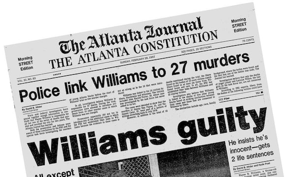 The Sunday, Feb. 28, 1982 edition of The Atlanta Journal-Constitution announces the guilty verdict in the Wayne Williams trial. (AJC Archive)