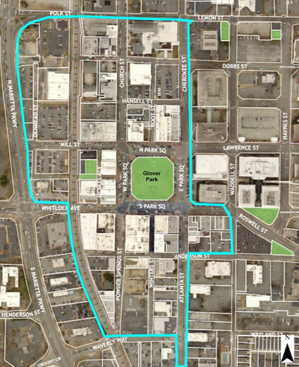 The proposed no smoking district under consideration by the Marietta City Council.