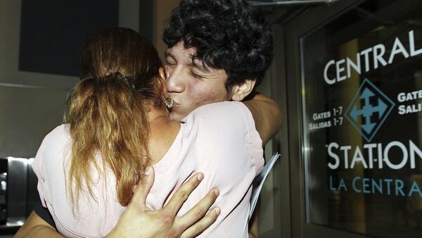 Francisco Galicia, right, kisses his mother, Sanjuana Galicia, at the McAllen, Texas, Central Station on Wednesday, July 24, 2019.