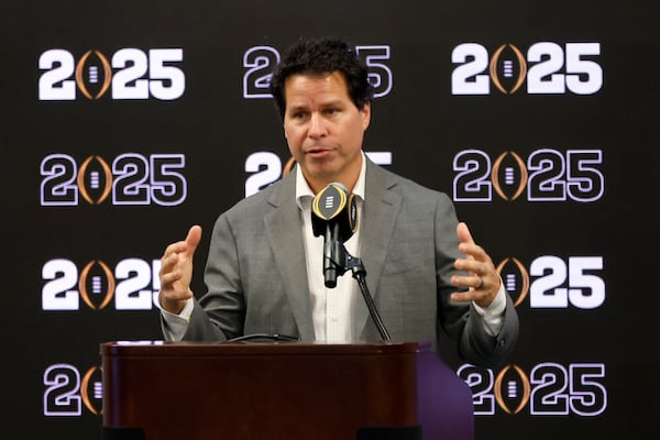 081622 Atlanta, Ga.: Atlanta Sports Council president Dan Corso speaks during a press conference at Mercedes-Benz Stadium, Tuesday, August 16, 2022, in Atlanta. The CFP National Championship game will be played at Mercedes-Benz Stadium in 2025. (Jason Getz / Jason.Getz@ajc.com)