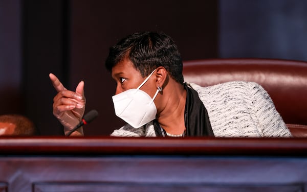 Council member Keisha Sean Waites during discussion as the Atlanta City Council held their first in person meeting since they were suspended at start of the pandemic In Atlanta on Monday, March 21, 2022.   (Bob Andres / robert.andres@ajc.com)