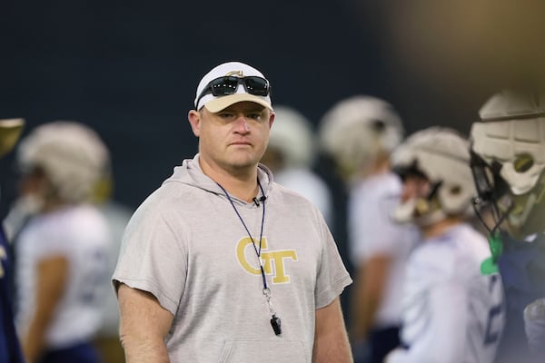 In this file photo, Georgia Tech coach Brent Key watches warm-ups during their first day of spring football practice at the Brock Indoor Practice Facility, March 11, 2024, in Atlanta. (Jason Getz/The Atlanta Journal-Constitution/TNS)