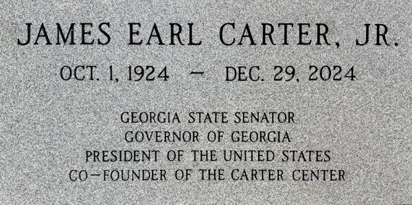 The Jimmy Carter National Historical Park on Friday released photos of the 39th president’s gravestone. The only Georgian ever to be elected to the White House, Carter is buried in Plains next to his beloved wife of 77 years, former first lady Rosalynn Carter. He died at 100 on Dec. 29 after nearly two years in home hospice care. She passed away in 2023 at 96. (Courtesy)