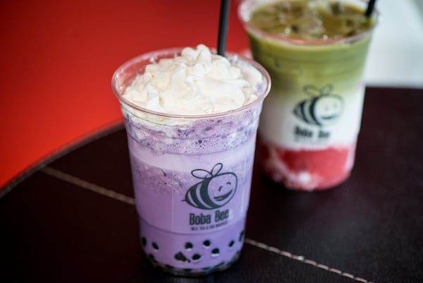  Boba Bee Blue Berry Fluffy Milk (with real blueberries and organic milk) and Strawberry Matcha Latte. Photo credit- Mia Yakel.