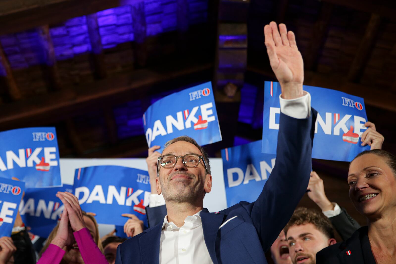 Herbert Kickl, leader of the Freedom Party of Austria waves to supporters, in Vienna, Austria, Sunday, Sept. 29, 2024, after polls closed in the country's national election. (AP Photo/Heinz-Peter Bader)