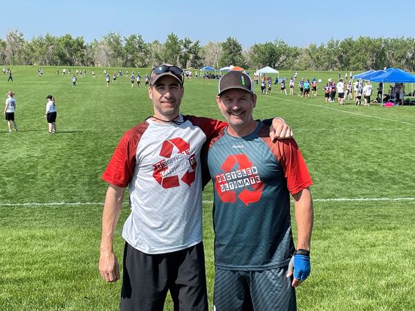 Georgia Tech graduates and close friends Steve Hall (gray shirt) and Nick Josties together at an ultimate national tournament in Aurora, Colo., in 2021. (Photo courtesy Nick Josties)