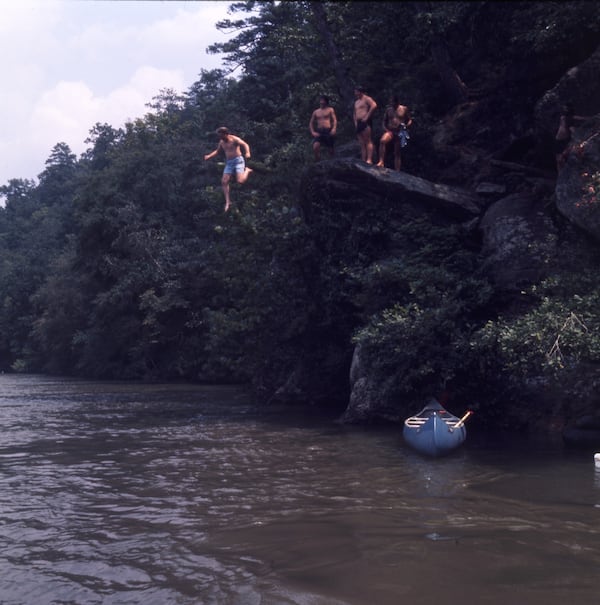 Gov. Jimmy Carter jumping into the Chattahoochee River off pirate rock, while on a canoe trip to advocate for the protection and beautification of the Chattahoochee River,   October 1, 1972.   (Steve Jackson / The Atlanta Journal-Constitution)