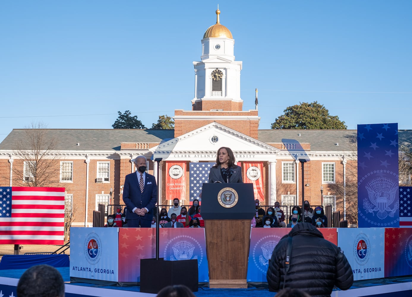 220111-Atlanta-President Joe Biden and Vice President Kamala Harris speak about voting rights during at Clark Atlanta University on Tuesday, Jan. 11, 2022.  Ben Gray for the Atlanta Journal-Constitution