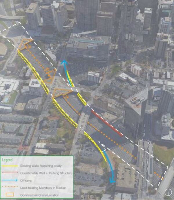 An image of the Downtown Connector showing how The Stitch concept would align with the freeway and connect Midtown and Downtown via a “deck park.” Rendering by Jacobs.