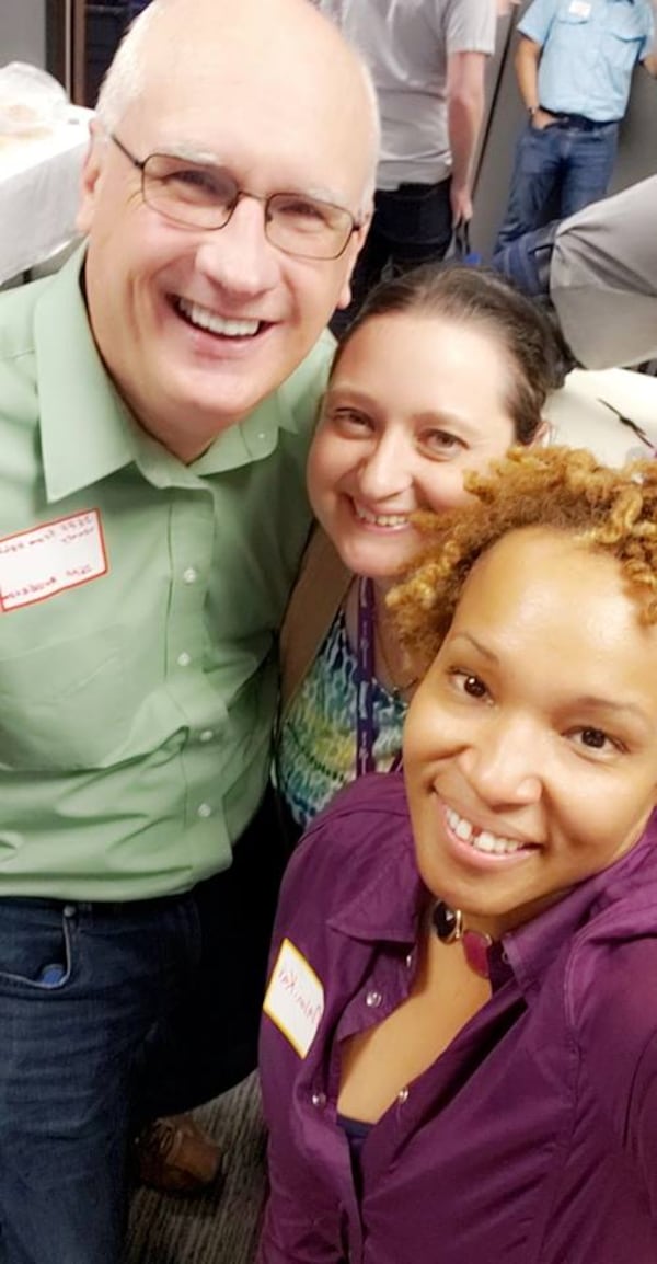 WSB Triple Team Traffic’s Malani Kai poses with Traffic Troopers “Jeff from Hall County” and “Mags” and the 2019 WSB Traffic Trooper lunch. April 10, 2019.