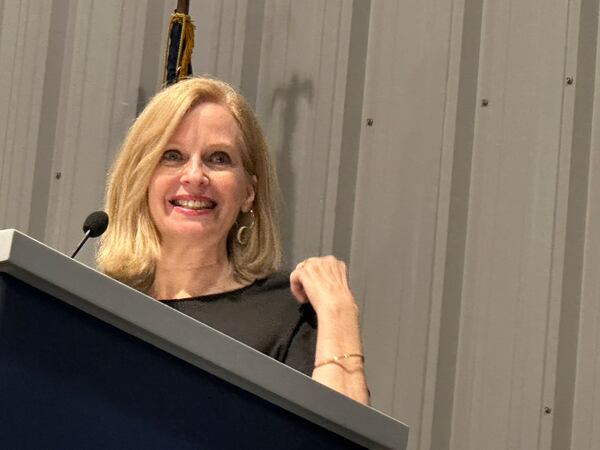 Actress Catherine Dyer, speaking a the SAG-AFTRA strike rally at the Teamsters Union Hall in Atlanta August 22, 2023, mentioned how she has faced geographic discrimination for working out of Atlanta over the years. RODNEY HO/rho@ajc.com