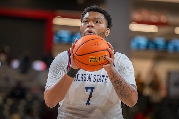 Jackson State center Shannon Grant prepares to make a free throw during the first half of an NCAA basketball game in the championship of the Southwest Athletic Conference Championship tournament against Alabama State, Saturday, March 15, 2025, in College Park, Ga. (AP Photo/Erik Rank)