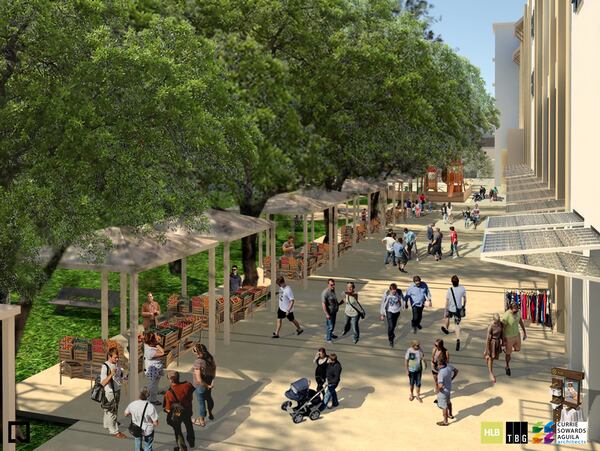 A rendering of the pavilions and shade trees planned as part of a revitalization effort at Old School Square cultural campus in downtown Delray Beach. The pavilions would be used for the weekly Green Market, where vendors sell their products at the outdoor market. (Courtesy of Currie Sowards Aguila Architects)