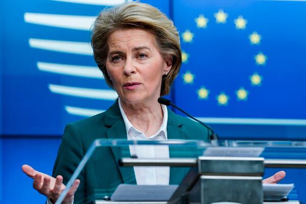 European Commission President Ursula von der Leyen speaks during a news conference at the EU headquarters in Brussels, Belgium, on March 16, 2020. (Kenzo Tribouillard/AFP/Getty Images/TNS)