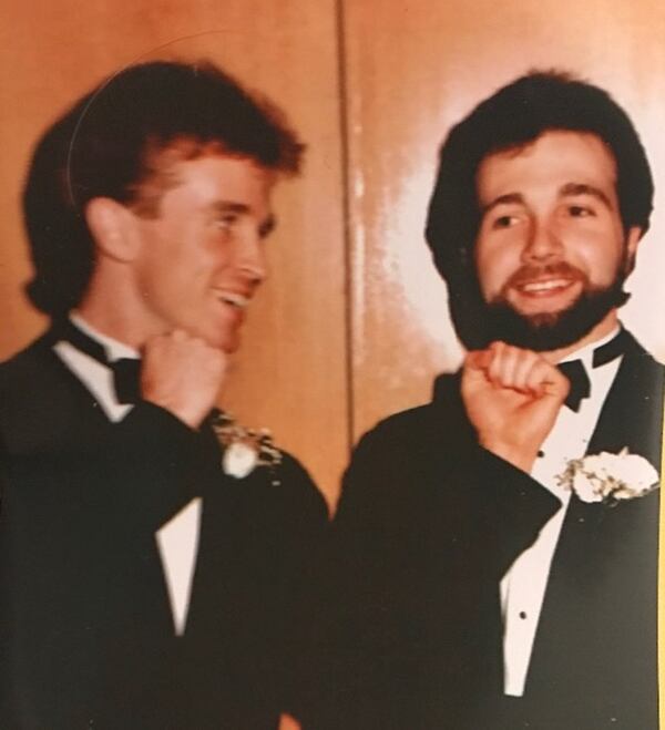 Bill Torpy loosening up John Patrick Torpy for his 1986 wedding. (Family photo)