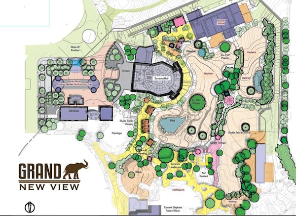 A site plan shows planned changes at Zoo Atlanta, including a new entrance plaza, the refurbished Savanna Hall and an expanded elephant habitat. CONTRIBUTED BY ZOO ATLANTA