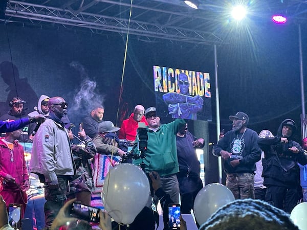 Members of the Dungeon Family gather on stage during a tribute to Rico Wade at The Sesh music festival on April 26, 2024.