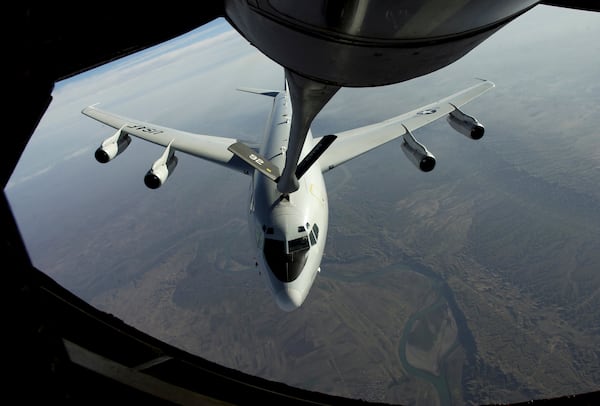 A U.S. Air Force photo of an E-8C Joint Surveillance Target Attack Radar System receiving fuel in 2004. (U.S. Air Force via The New York Times)