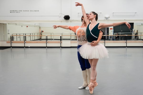 Unity Phelan, right, and Joseph Gordon rehearse for New York City Ballet's "Swan Lake," Tuesday, Feb. 25, 2025, in New York. (AP Photo/Julia Demaree Nikhinson)