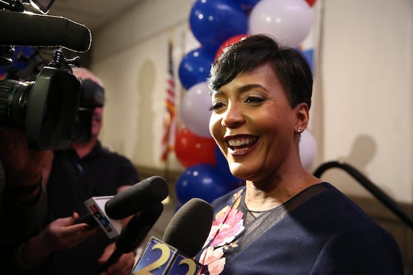 Atlanta mayoral candidate Keisha Lance Bottoms speaks to members of the media during her election watch party at the Hyatt Regency Atlanta Tuesday, November 7, 2017, in Atlanta. PHOTO / JASON GETZ