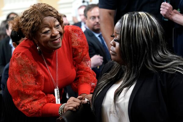 Former Fulton County, Georgia election worker Ruby Freeman talk to her daughter Wandrea ArShaye "Shaye" Moss, former Georgia election worker, after she testified before U.S. House Select Committee at its fourth hearing on its Jan. 6 investigation on Capitol Hill in Washington, D.C., on Tuesday, June 21, 2022. (Yuri Gripas/Abaca Press/TNS)