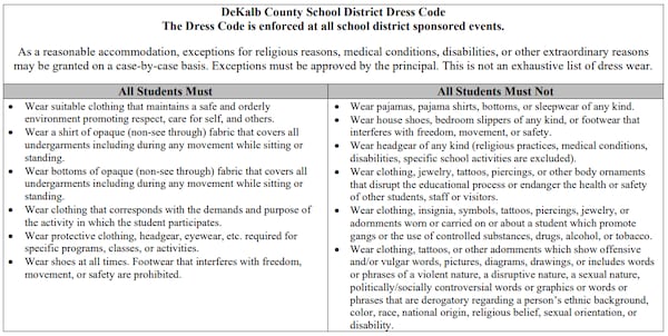 Updates to the DeKalb County School District's dress code for the 2023-2024 school year omitted rules that prohibited ripped jeans, tank tops and shorts that hit above the mid-thigh. The new dress code states that clothing must cover undergarments and not be see-through. (Screenshot courtesy of DeKalb County School District)