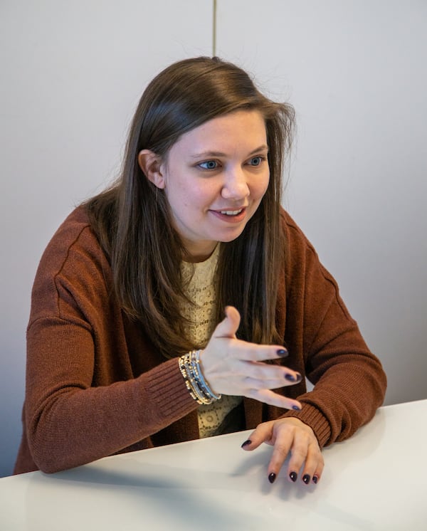 Hannah Doksansky chats Laura Hall (not in picture) in the break room at Crisp, Inc. in Atlanta. For the Top Workplace small company category. PHIL SKINNER FOR THE ATLANTA JOURNAL-CONSTITUTION.