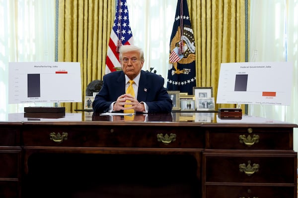 President Donald Trump delivers remarks in the Oval Office of the White House in Washington, Friday, March 7, 2025. (Pool via AP)