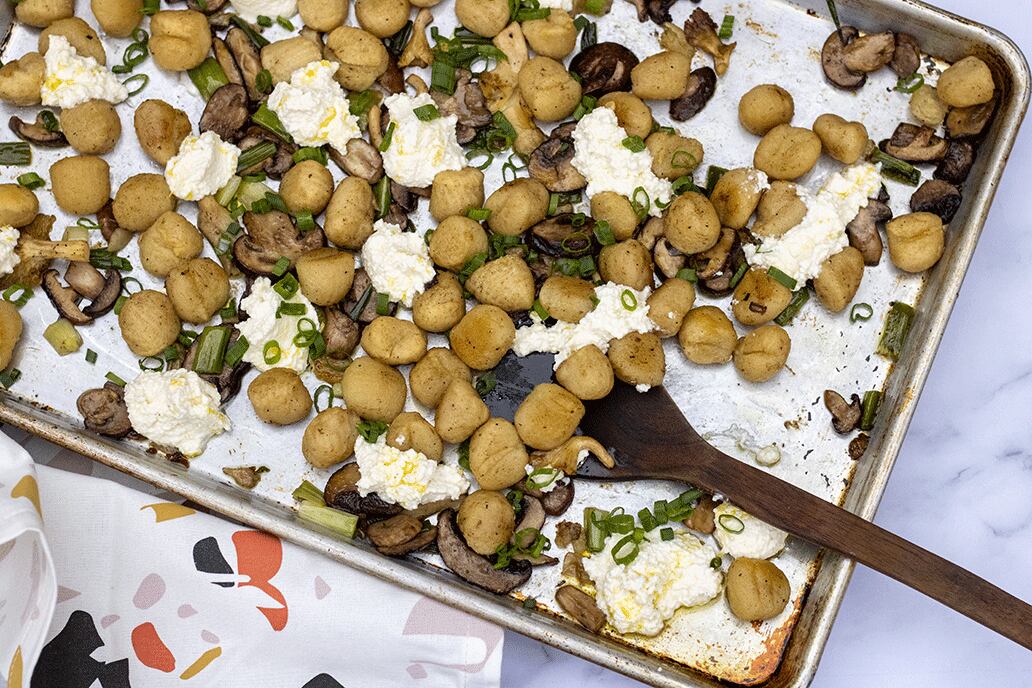 Sheet Pan Gnocchi with Wild Mushrooms and Ricotta. (Kate Williams for The Atlanta Journal-Constitution)