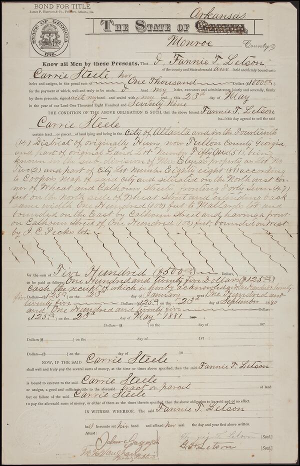 A copy of the 1881 Deed of Title to Carrie Steele's home on Wheat Street in Atlanta. Her purchase made her one of the few Black landowners in the city.