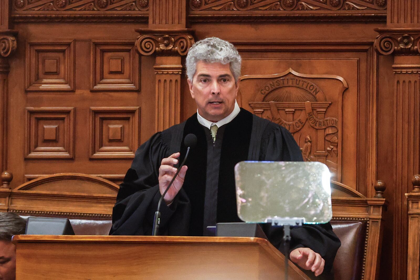 Georgia Supreme Court Chief Justice Michael P. Boggs delivers the annual state of the judiciary address to Georgia legislators on Wednesday, Feb. 7, 2024. (Natrice Miller / natrice.miller@ajc.com)