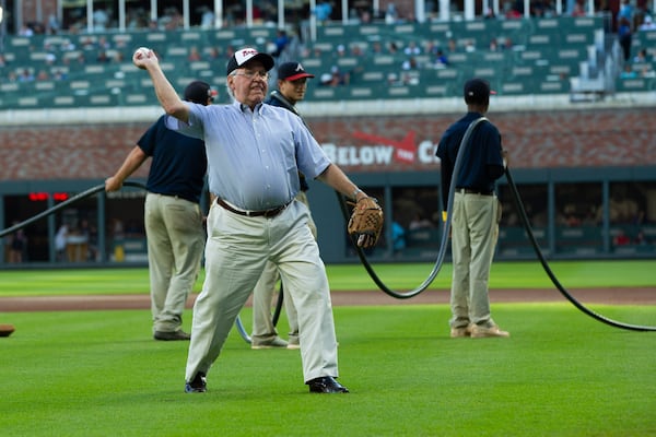 The late Justice Harris Hines threw out the ceremonial first pitch prior to the Atlanta Braves' Sept. 1 game against the Pittsburgh Pirates. Photo by Kevin D. Liles for the Atlanta Braves