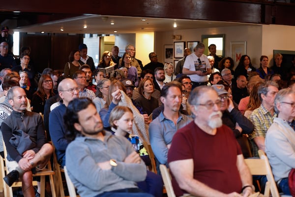 Members of the Inman Park community gather for a panel discussion about transportation on The Beltline at The Trolley Barn in Atlanta on Monday, March 11, 2024. (Natrice Miller/ Natrice.miller@ajc.com)