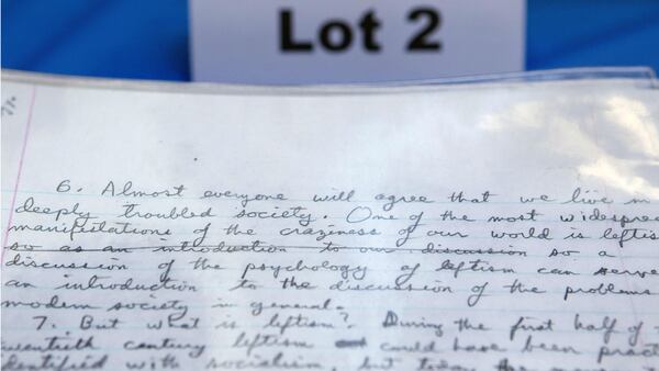 The handwritten manifesto of "Unabomber" Ted Kaczynski is displayed as personal items of Kaczynski were auctioned off online, with proceeds to benefit the victims' families, in May 2011. The items included handwritten letters, typewriters, tools, clothing and several hundred books.