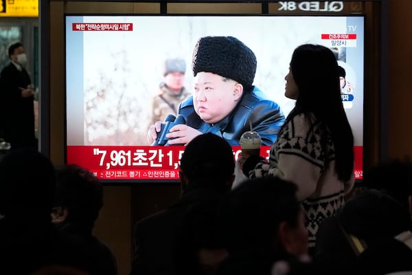 A TV screen shows an image of North Korean leader Kim Jong Un during a news program at Seoul Railway Station in Seoul, South Korea, Friday, Feb. 28, 2025. (AP Photo/Ahn Young-joon)