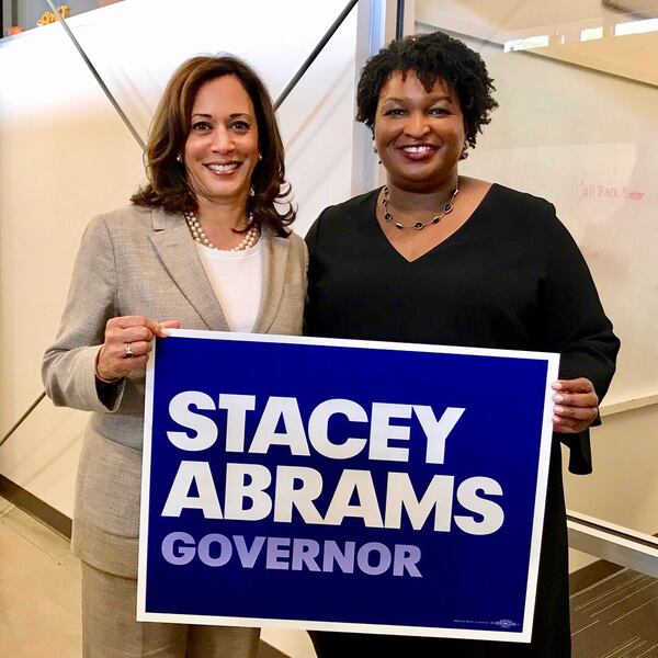 U.S. Sen. Kamala Harris and Stacey Abrams pose before a campaign event. Image provided by campaign.