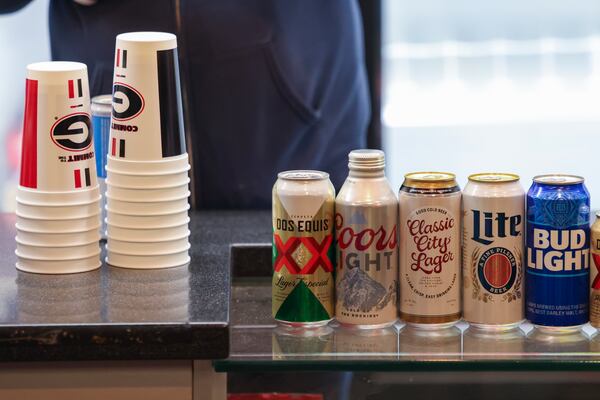 Beer is shown for sale at a concession stand before Georgia’s men’s basketball game against Alabama at Stegemen Coliseum, Wednesday, January 31, 2024, in Athens, Ga. (Jason Getz / jason.getz@ajc.com)