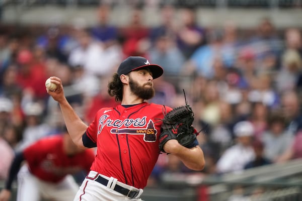 Atlanta Braves starting pitcher Ian Anderson (36) delivers against the Los Angeles Dodgers in the first inning of a baseball game Friday, June 4, 2021, in Atlanta. (AP Photo/Brynn Anderson)