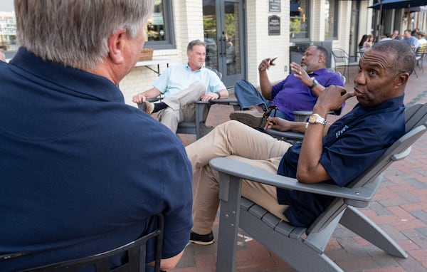 Quentin Jones, right, talks with Michael Jordan during a meeting of the Bridge the Gap Christian Men’s Fellowship Group on Monday evening June 14, 2021 in Alpharetta. (Ben Gray for the Atlanta Journal-Constitution)