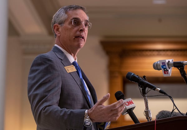 Georgia Secretary of State Brad Raffensperger originally blamed high turnout for the long lines this week at early voting sites. But later he said he was working with the state's software election software company to speed up the process.  (Alyssa Pointer / Alyssa.Pointer@ajc.com)