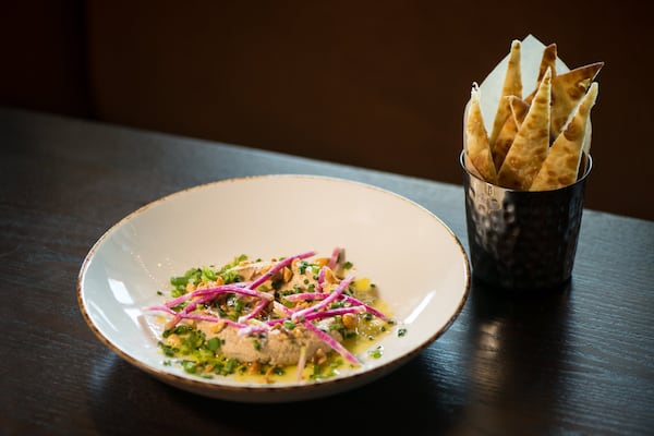  New Realm Brewing Georgia Peanut Hummus with Watermelon Radishes, Olive Oil, Pita Chips. Photo credit- Mia Yakel.