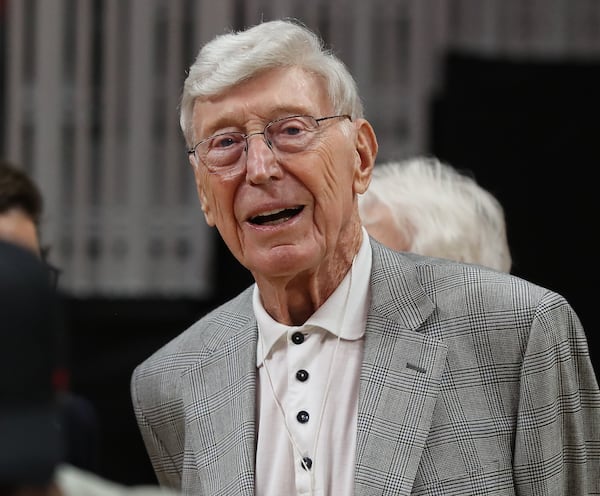 Businessman Bernie Marcus, who co-founded Home Depot, is on hand to watch the Atlanta Hawks play the Orlando Magic in a NBA basketball game on Saturday, October 26, 2019, in Atlanta.   Curtis Compton/ccompton@ajc.com